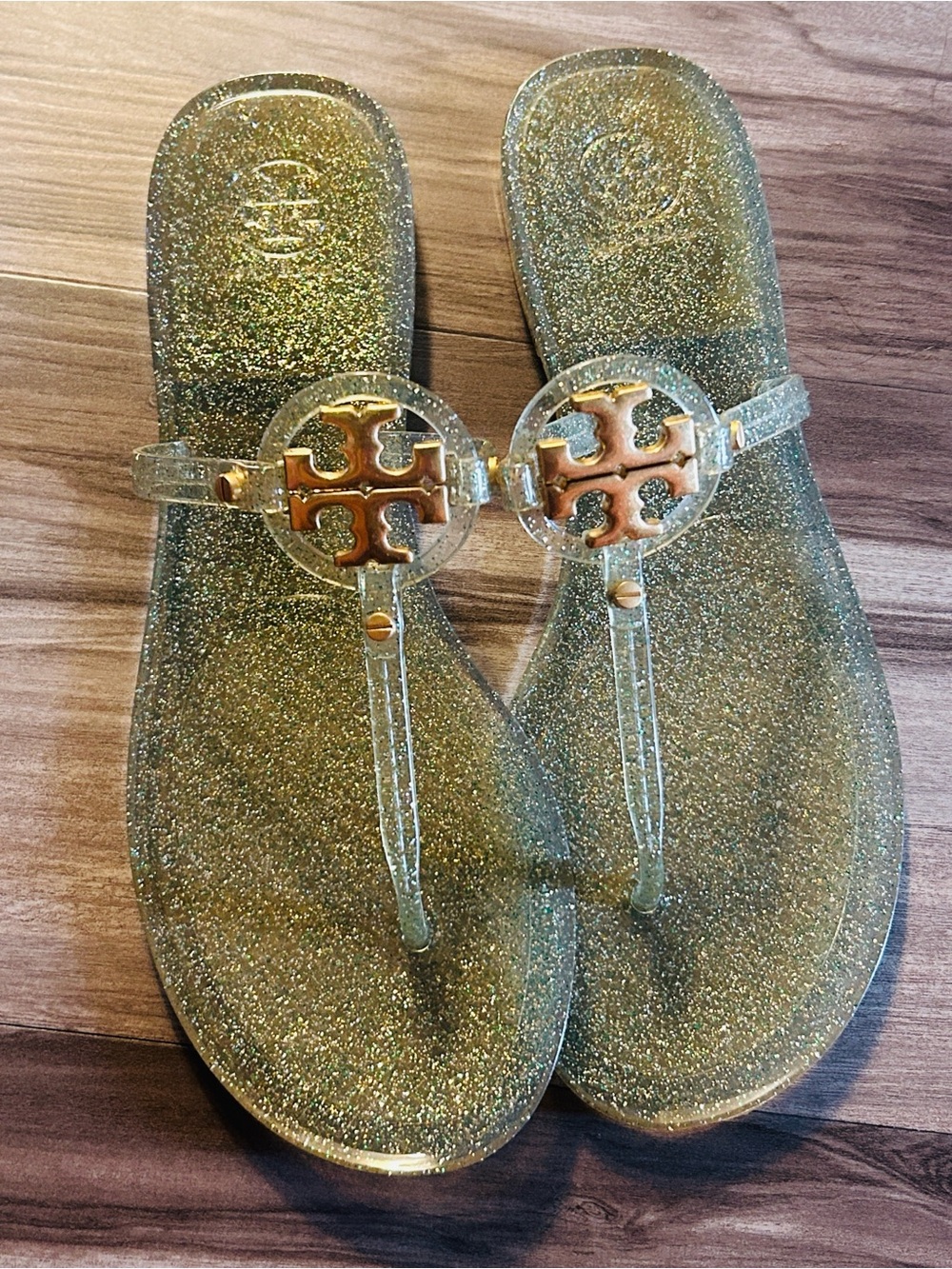 Tory Burch Metallic Gold Logo T-Strap Sandals